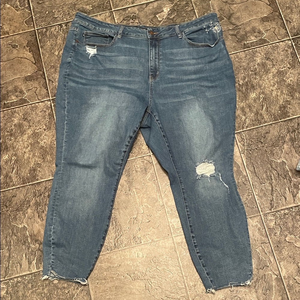 JUDY BLUE Skinny Fit Women’s Distressed Blue Jeans Embroidered Detailing sz 24W